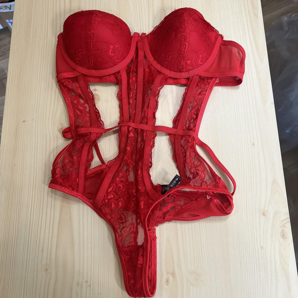 Body Rage Teddy Womens Small Red Lace Sheer Padded Underwire One Piece Lingerie